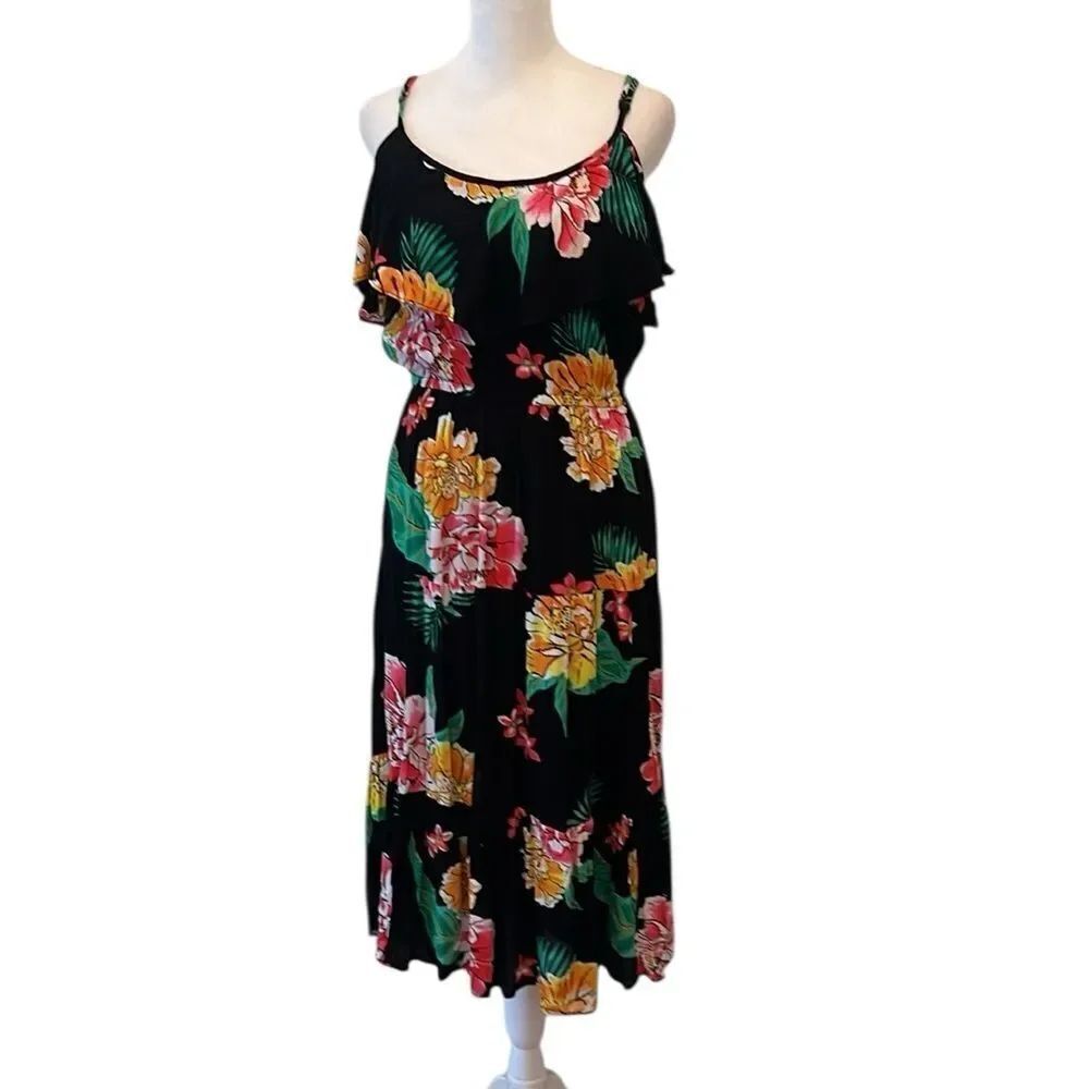 Old Navy szS cold shoulder ruffle elastic waist lined tropical print dress EUC